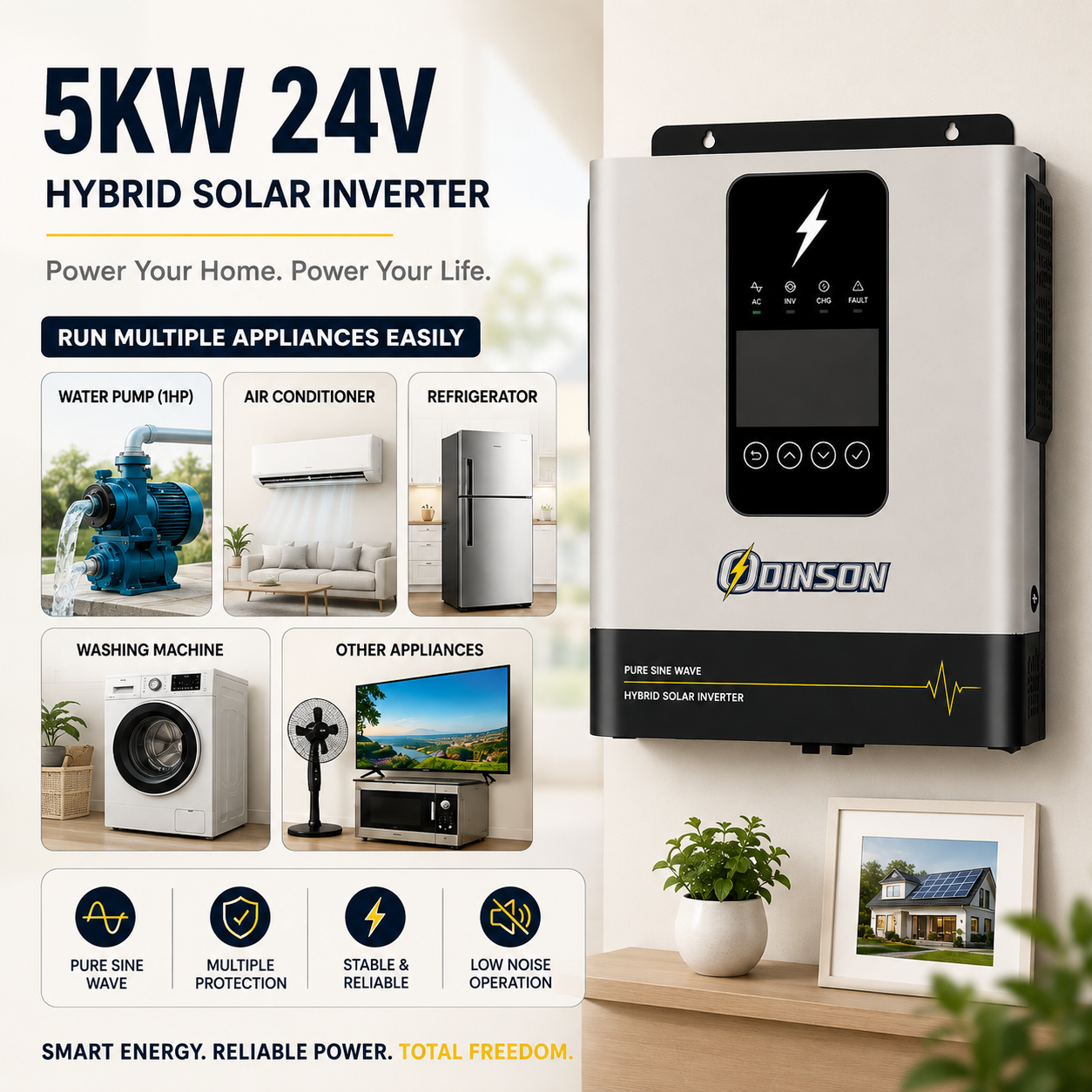 Odinson hybrid solar inverter powering an Indian home