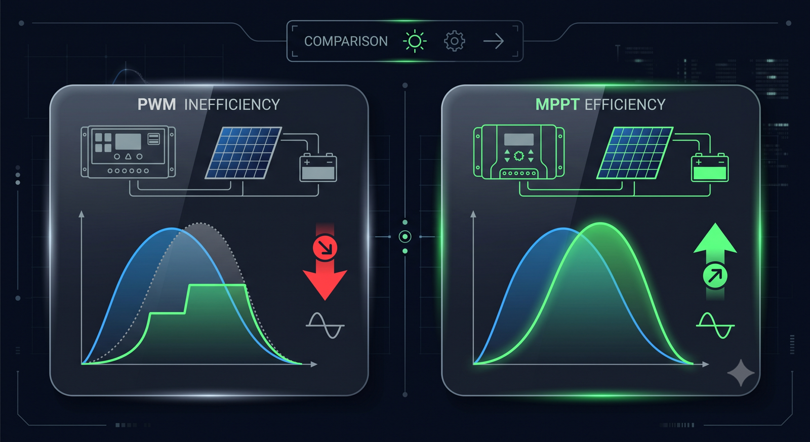 Diagram explaining the difference between MPPT and PWM solar charge controllers.